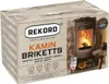 A cardboard box containing Rekord Kamin Briketts, with an image of a fireplace on the side. Produktbild-Vorschau
