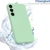 A light green phone case is shown with water splashing around it, suggesting water resistance. Produktbild-Vorschau