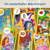 A collection of illustrated cards depicting scenes and characters from fairy tales, arranged on a wooden surface. Podgląd zdjęcia produktu