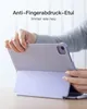 A person's hands are holding and adjusting a light purple tablet case with a built-in stand. Produktbild-Vorschau