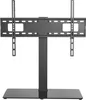 A black TV stand with a glass base, shown from the front against a white background. Anteprima dell’immagine prodotto