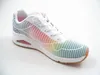 A white sneaker with a rainbow-colored mesh overlay, shown from a side angle on a white background. Voir les images du produit