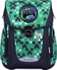 A school backpack with a pixelated green and dark blue design, featuring a gaming controller patch and a small gaming controller keychain. Produktbild-Vorschau