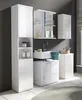 A modern bathroom vanity set with a sink, cabinets, and a tall storage unit, all in white. Produktbild-Vorschau