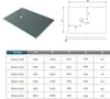A 3D render of a shower tray next to a technical drawing and a size chart. Produktbild-Vorschau