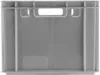 A grey plastic crate with handles and ventilation holes. Produktbild-Vorschau