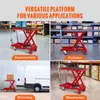 A collage of four images showing a red hydraulic scissor lift table in different settings: a supermarket aisle, a factory warehouse, being loaded into a van at a workshop, and a general warehouse setting. Voir les images du produit