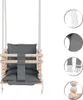 A baby swing with a gray cushion and wooden frame, shown against a white background with close-up detail shots on the right. Náhled obrázku produktu