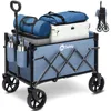 A blue folding wagon filled with camping gear, including bags and a cooler, is shown against a light gray background. A smaller, folded version of the wagon is visible in the upper right corner. Produktbild-Vorschau