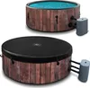 Two views of an inflatable hot tub with a wood-grain exterior. The top image shows the hot tub filled with blue water, and the bottom image shows it covered with a black lid.
