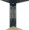 A close-up view of the corner joint of a blue metal shelving unit, showing how two upright posts connect to a shelf. Voir les images du produit