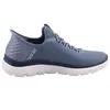 A side view of a blue Skechers slip-on sneaker with a white sole. Náhled obrázku produktu