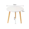 A white round table with wooden legs, shown with dimensions indicated by measurement lines and text. Produktbild-Vorschau