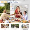 A collage of images showing a pop-up pavilion in use for various events like parties, weddings, and commercial gatherings, along with a main image of a family enjoying a meal under the pavilion. Voir les images du produit