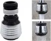 A product image collage showing a faucet aerator on the left and two close-up shots of the aerator in use with water flowing on the right. Produktbild-Vorschau