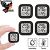 A collage of small digital thermometers and a logo, with a hand holding one of the thermometers. Produktbild-Vorschau
