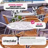An outdoor cafe scene with tables and chairs, featuring promotional text and a logo. Náhled obrázku produktu