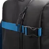 A close-up view of a black backpack with a blue strap and a black buckle. Náhled obrázku produktu