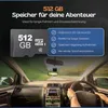 Inside a car, looking forward, with a dashcam and a microSD card shown in the upper part of the image. Produktbild-Vorschau