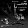 A gaming chair shown from the side with various angles of recline illustrated by motion lines and text overlays. Produktbild-Vorschau