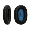 Two black ear pads for headphones, one shown from the side and the other from the front with a blue interior and a logo. Produktbild-Vorschau