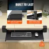 A desk setup featuring an under-desk keyboard tray with a keyboard and mouse, accompanied by close-ups highlighting the materials and construction. Produktbild-Vorschau