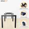 A black metal table base with close-up insets highlighting mounting holes, profile size, and adjustable feet. Produktbild-Vorschau