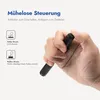 A hand holding a black pen-like flashlight, with text and icons explaining its controls. Produktbild-Vorschau