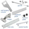 A collage of various furniture hardware components, including hinges, drawer slides, handles, and gas lifts, each labeled with its name. Náhľad obrázku produktu