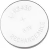 A top-down view of a single, round, silver rechargeable battery. Náhled obrázku produktu