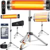 A collage of images showing an infrared heater with its accessories and different mounting options. Produktbild-Vorschau