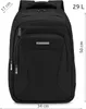 A black backpack is shown from the front with dimensions indicated by text overlays. Produktbild-Vorschau