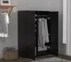 A black wardrobe with its doors open, revealing clothes and storage compartments. A shelf with clothes hangs to the left, and a woven basket is on the floor. Anteprima dell’immagine prodotto