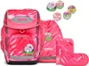 A collection of pink school supplies including a backpack, a drawstring bag, a pencil case, and a pouch, all with a striped pattern and unicorn motifs.