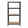 A black metal shelving unit with four brown shelves, shown against a white background. Náhled obrázku produktu