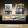 A marketing image showcasing a robot vacuum cleaner and its various mopping attachments, presented in a multi-layered diagram and three separate scenarios. Produktbild-Vorschau