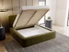 A green upholstered bed with its mattress lifted, revealing storage space underneath, in a bedroom setting. Produktbild-Vorschau