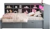A gray daybed with shelves and storage drawers, featuring a bed with pillows and a blanket. The shelves are decorated with various items, and there is pink LED lighting behind the headboard. Produktbild-Vorschau