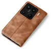 A brown flip-style phone case with a camera cutout is shown against a white background. Produktbild-Vorschau