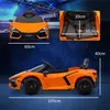 Collage of an orange electric toy car with dimensions and a close-up of the seat. Produktbild-Vorschau