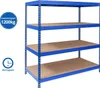 A blue metal shelving unit with brown shelves against a white background. Produktbild-Vorschau
