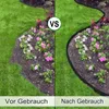 A split image showing a garden bed before and after installing a black plastic edging. The left side shows a garden bed with grass encroaching, while the right side shows the same bed with a neat black edging separating it from the grass. Produktbild-Vorschau