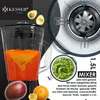 A blender with a glass jug filled with orange juice, a small bowl of green paste, fruits, and text promoting the blender. Produktbild-Vorschau