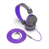 A pair of gray and purple headphones with a coiled purple audio cable, presented on a white background. Produktbild-Vorschau