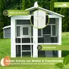A wooden chicken coop with a green overlay highlighting features. Produktbild-Vorschau