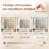 A collage of three images showing a mirror with different LED light colors and brightness levels, along with a slider indicating brightness adjustment. Voir les images du produit