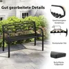 A black metal garden bench is shown outdoors on a paved patio, with a house and greenery in the background. Inset images highlight specific features of the bench. Podgląd zdjęcia produktu
