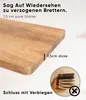 A close-up of a wooden cutting board with text overlays highlighting its thickness and durability, and a small inset image of stacked coasters. Náhled obrázku produktu
