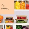 A split image showing marketing text on the left and various glass food storage containers filled with fruits and vegetables on the right, arranged on refrigerator shelves. Produktbild-Vorschau