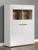 A white highboard with glass doors and wooden accents, set against a gray wall. Produktbild-Vorschau